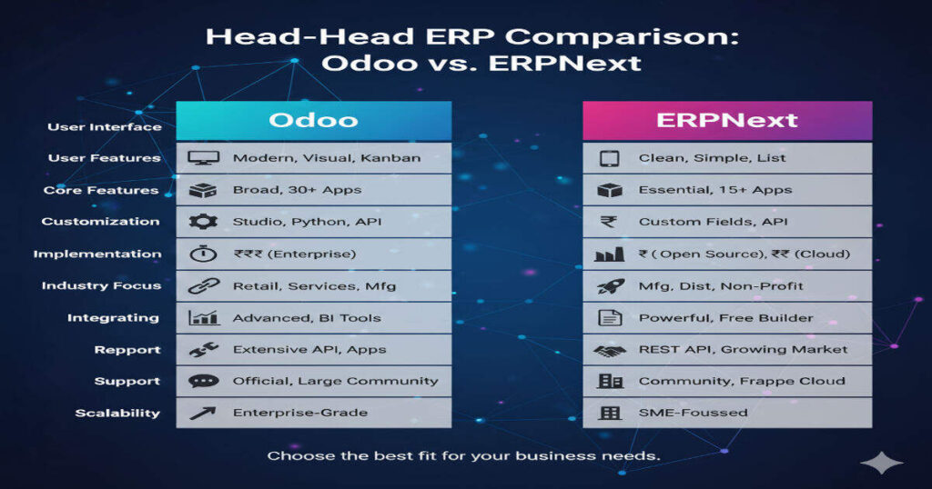 Odoo and ERPNext feature comparison table - pricing customization support