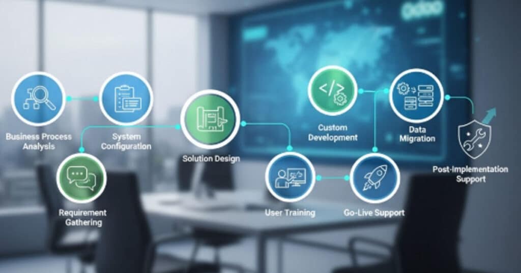 Odoo implementation process flowchart showing 7 phases from discovery to support