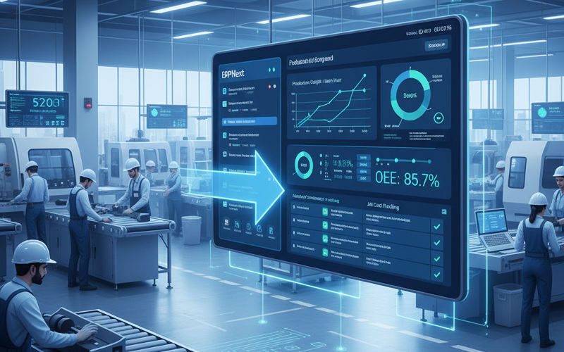 ERPNext for manufacturing dashboard showing real-time production and inventory control