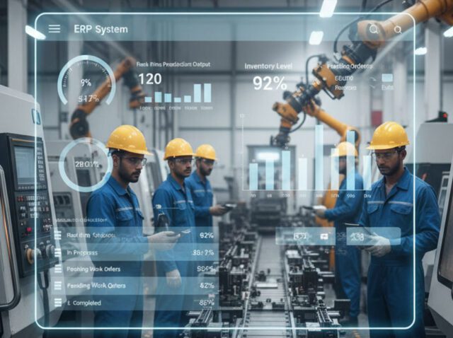 Modern manufacturing factory with ERP system dashboard overlay showing production and inventory data