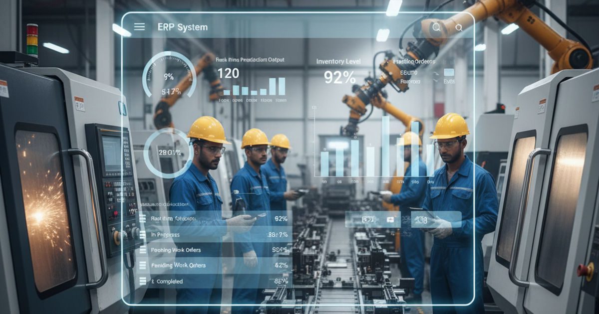 Modern manufacturing factory with ERP system dashboard overlay showing production and inventory data