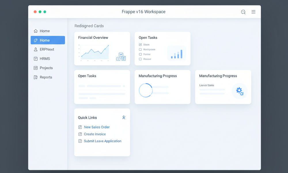 Frappe v16 redesigned workspace interface showing modern module cards and improved navigation