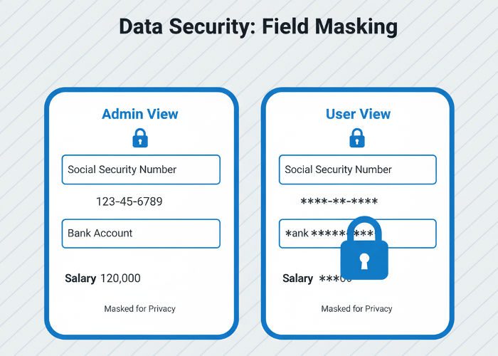 Frappe v16 role-based field masking showing sensitive data protection based on user permissions