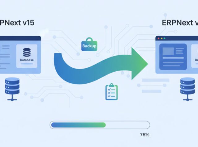 ERPNext version 15 to version 16 upgrade process illustration showing migration steps and system requirements