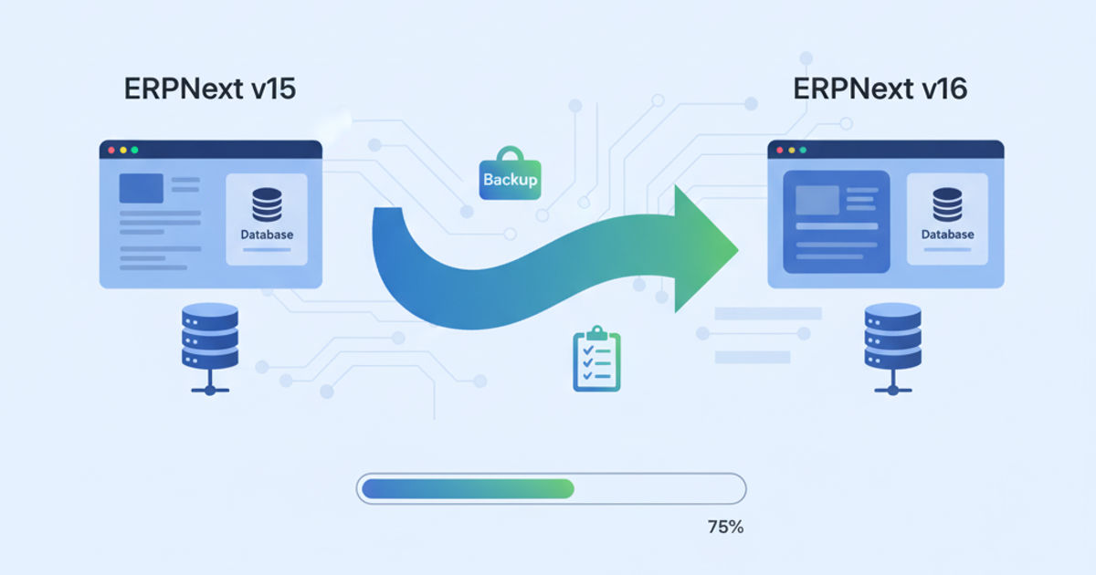 ERPNext version 15 to version 16 upgrade process illustration showing migration steps and system requirements