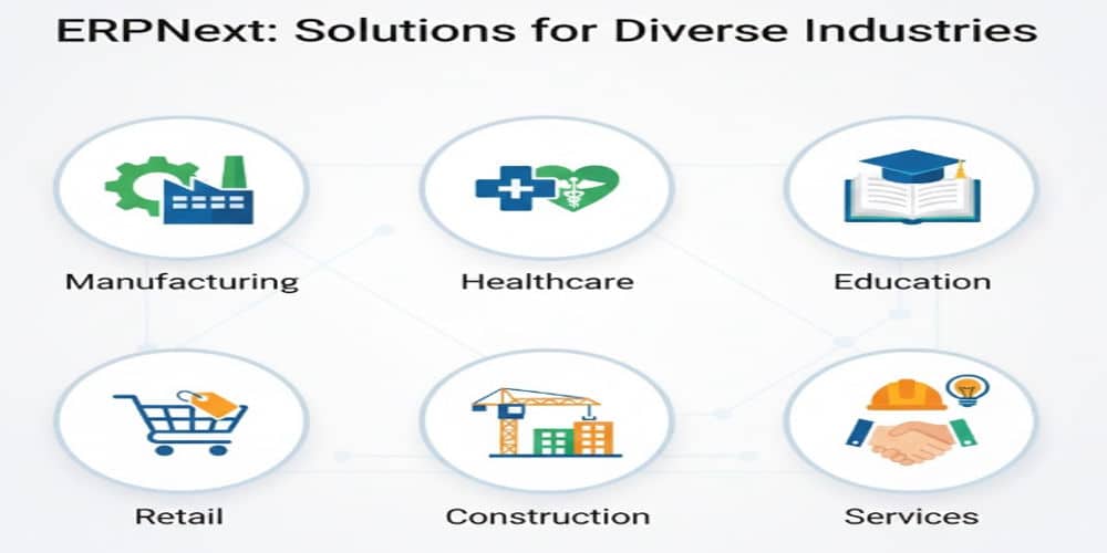 Industries using ERPNext software including manufacturing healthcare retail education