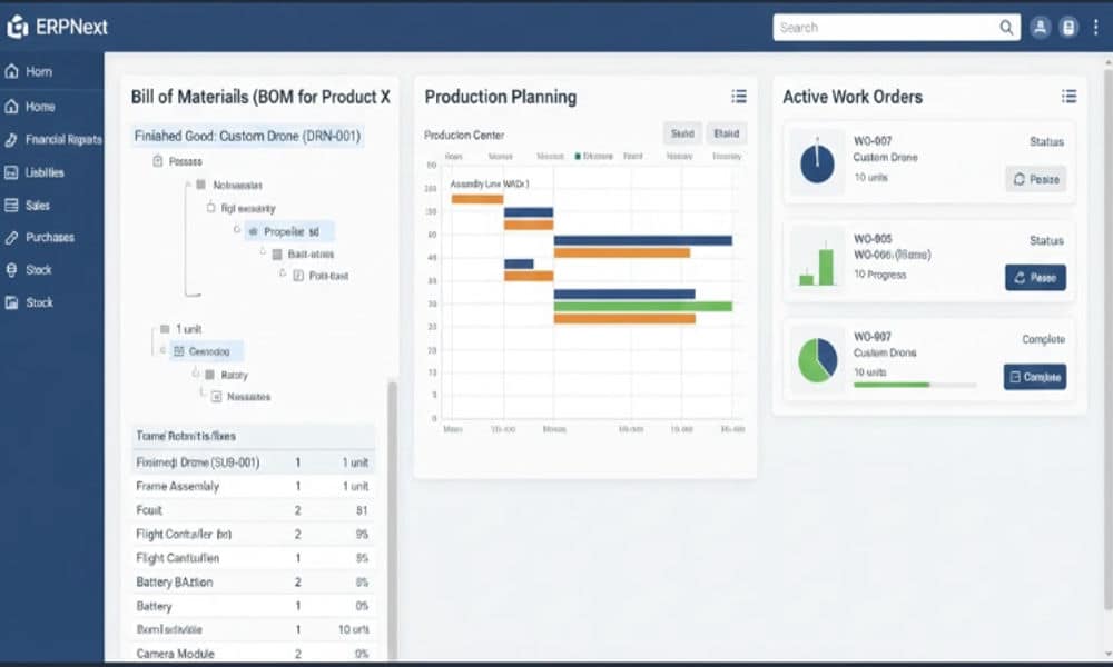 ERPNext manufacturing module with bill of materials and production planning