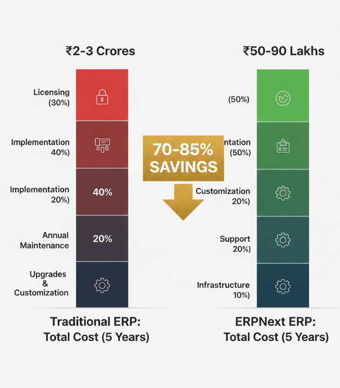 ERPNext vs traditional ERP cost comparison showing 70-85% savings over 5 years for Indian SMEs