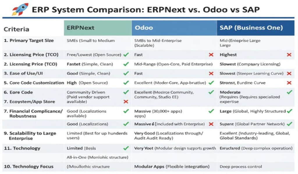 ERPNext vs Odoo vs SAP Comparison